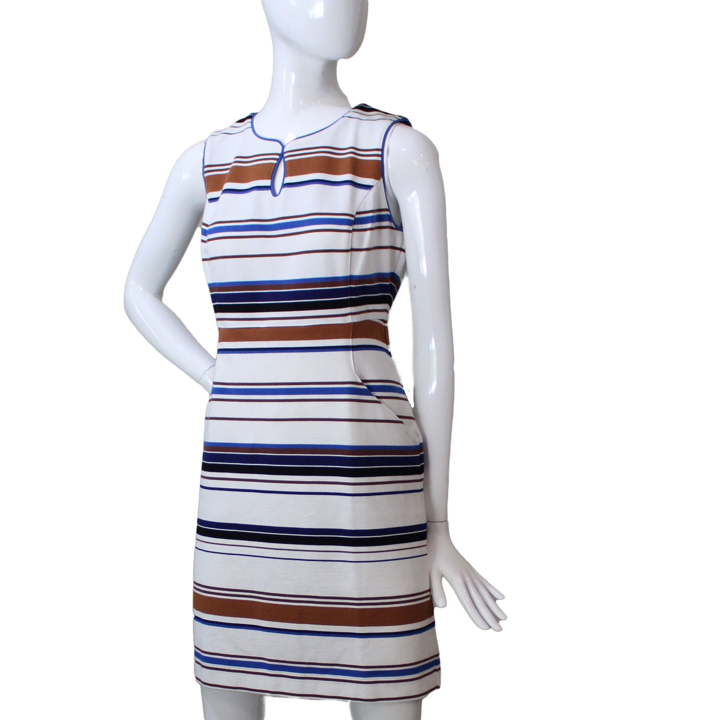 Lands End Women Size 8 Petite Sleeveless Keyhole Sheath Dress, Ivory Stripe