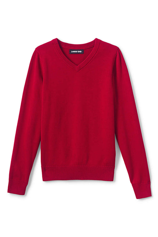 Lands End Uniform Little Boys Medium (5/6) Fine Gauge Cotton V-Neck Sweater, Red