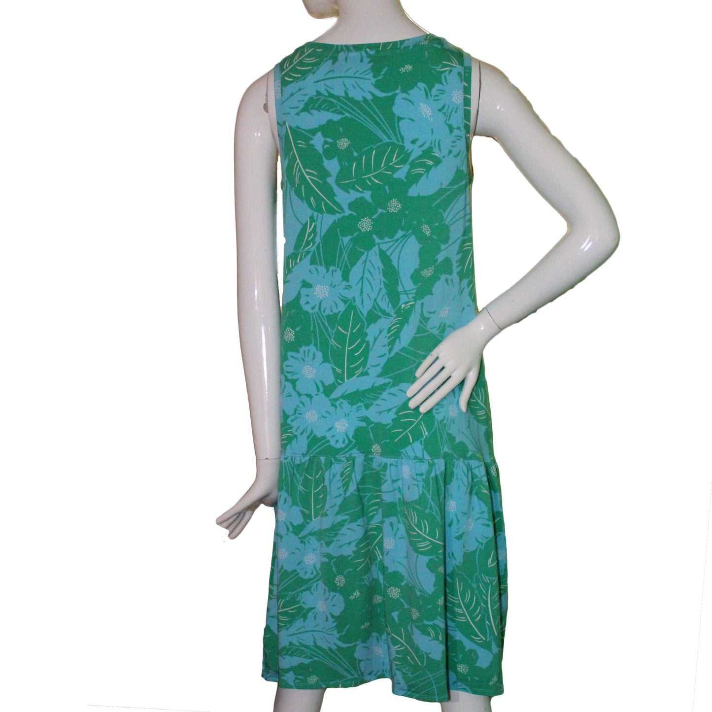 Lands End Size Small (6-8) Petite Sleeveless Knit Flounce Dress, Leaf Pattern