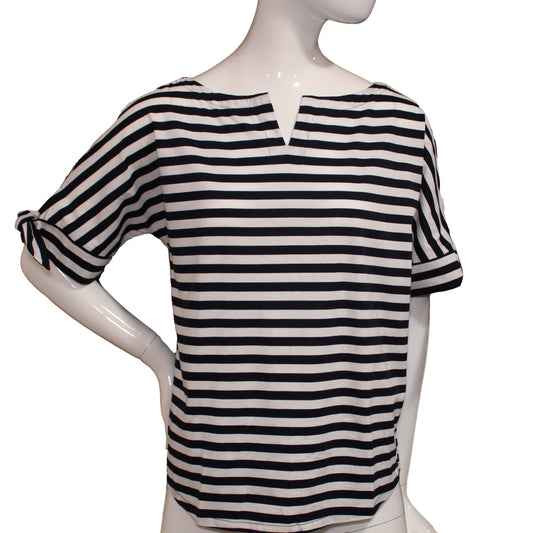 Lands' End Women's Small 6/8 Petite, Short Tie Sleeve Top, Radiant Navy Stripe