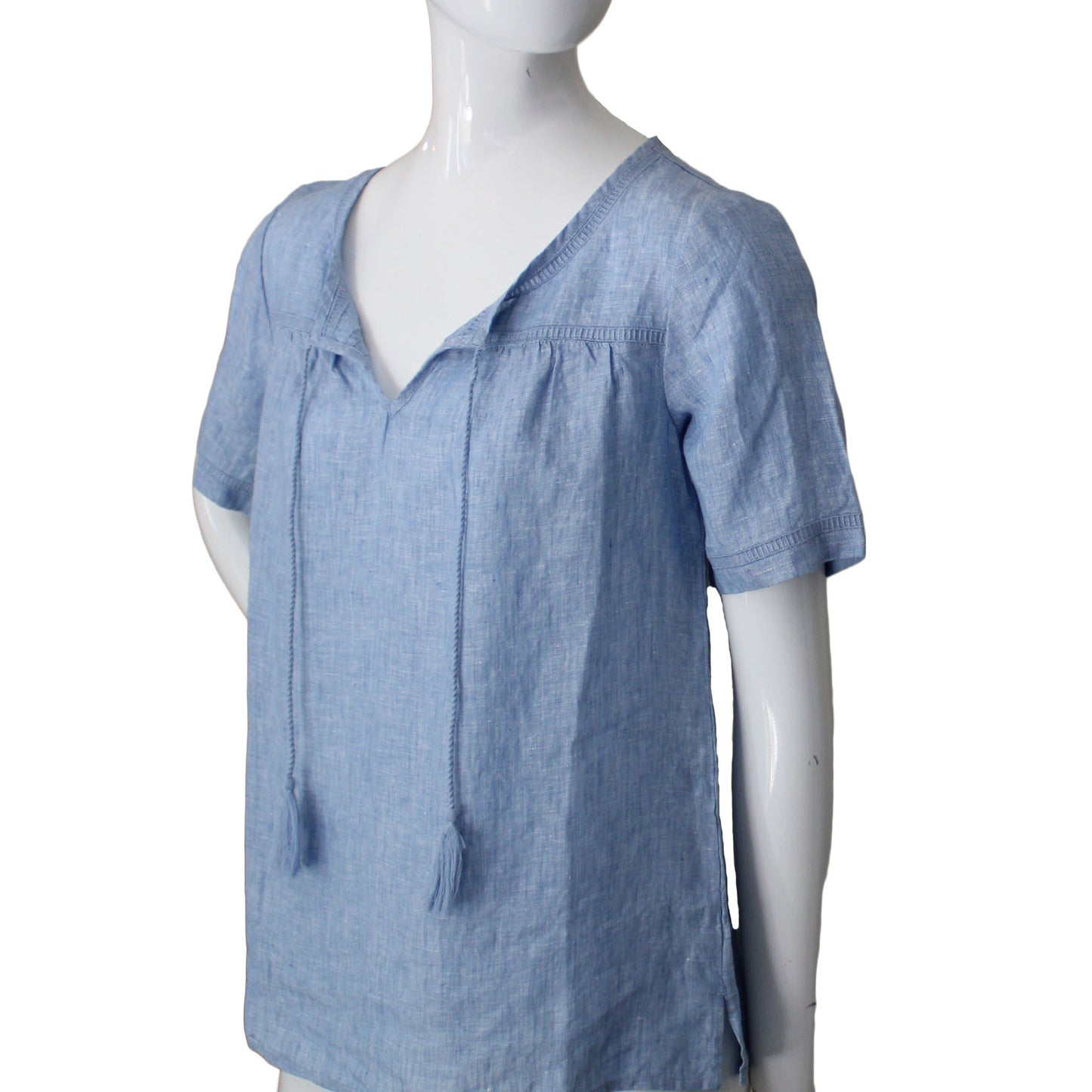 Lands End Women Size 4 Petite Short Sleeve Linen Blouse, China Blue