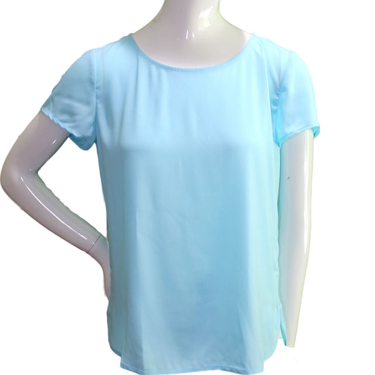 Lands End Women Size 4 Petite, Short Sleeve Crepe Tee Shirt Blouse, Aqua Shell