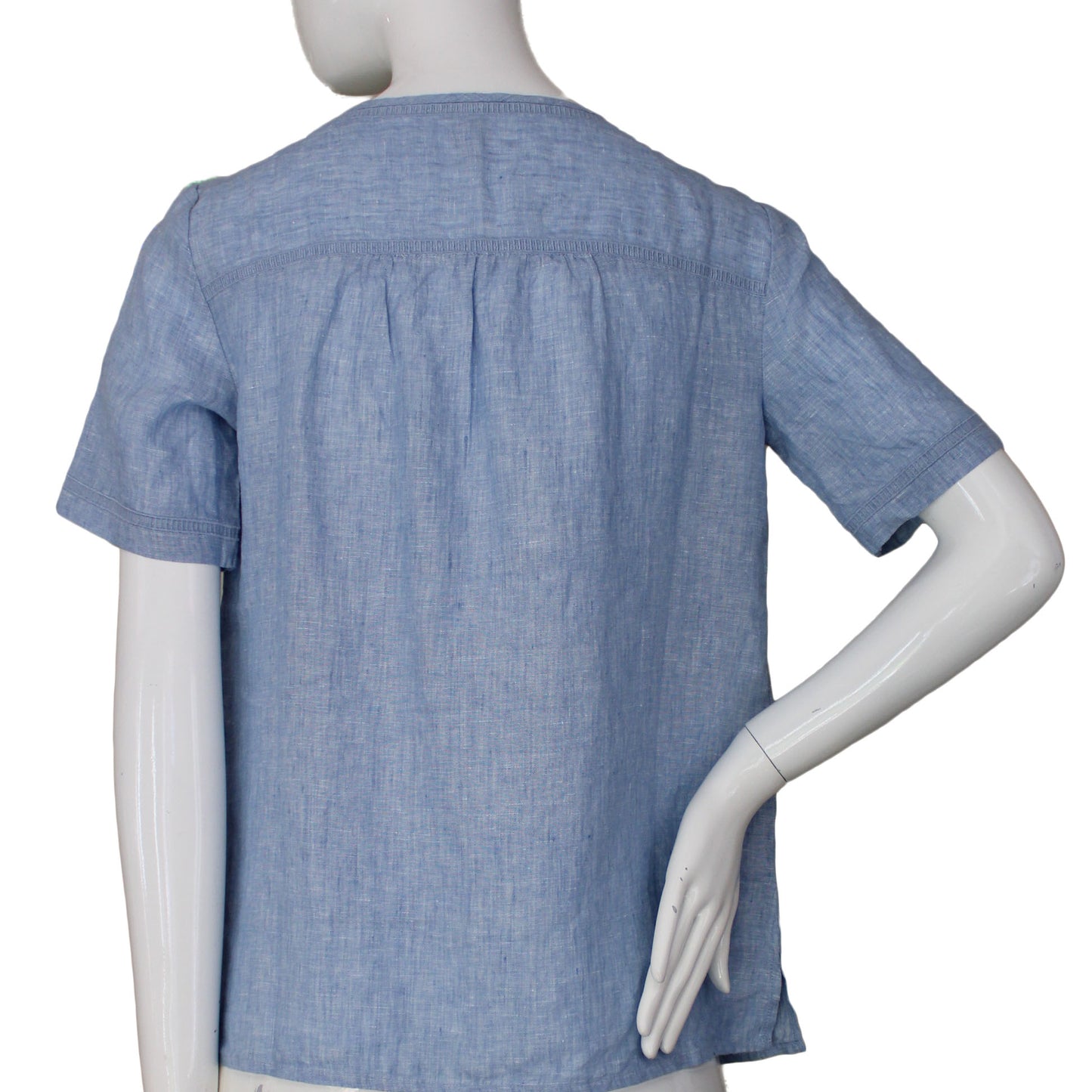 Lands End Women Size 4 Petite Short Sleeve Linen Blouse, China Blue