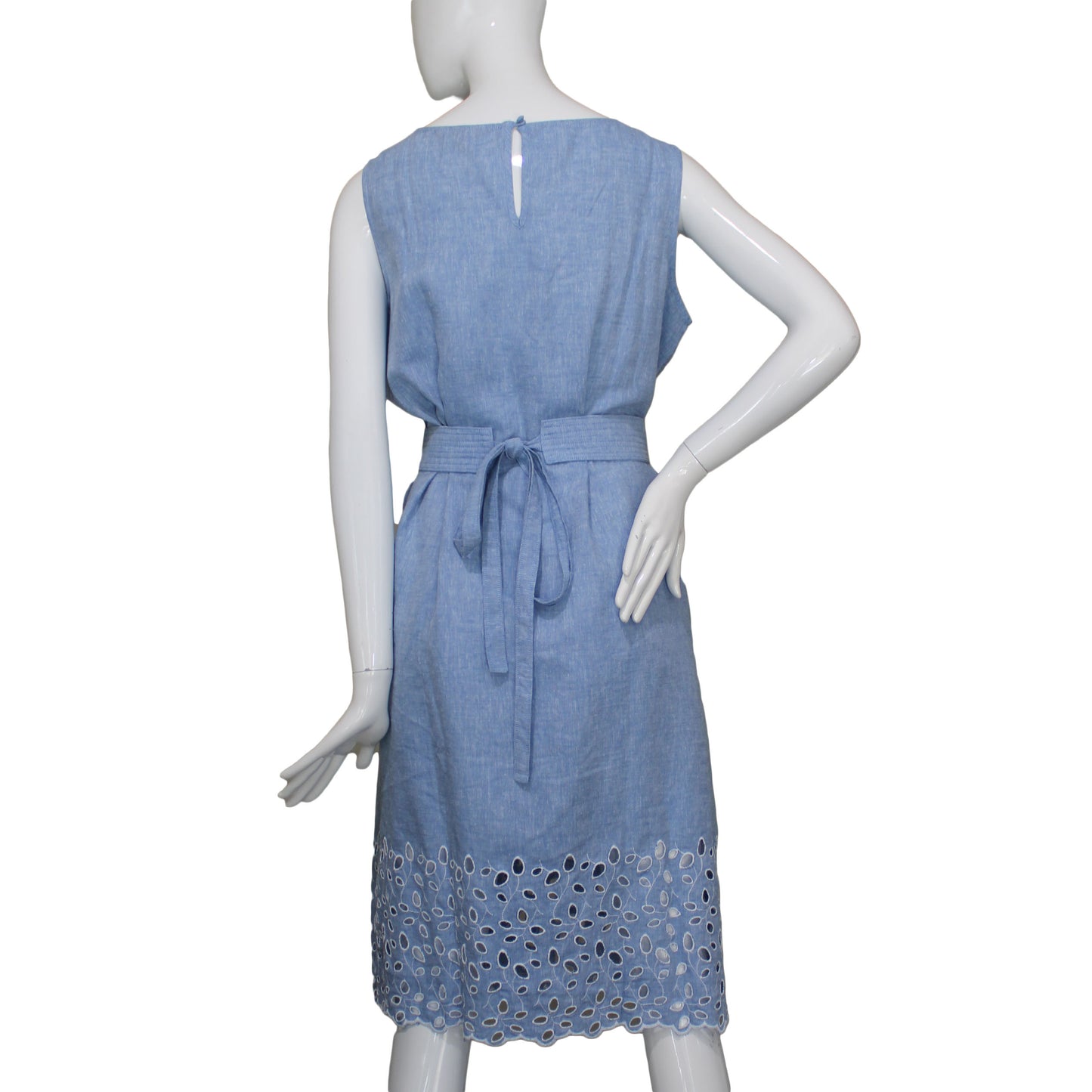 Lands End Women 16 Petite Sleeveless Woven Embroidered Dress, Blue Wave Linen