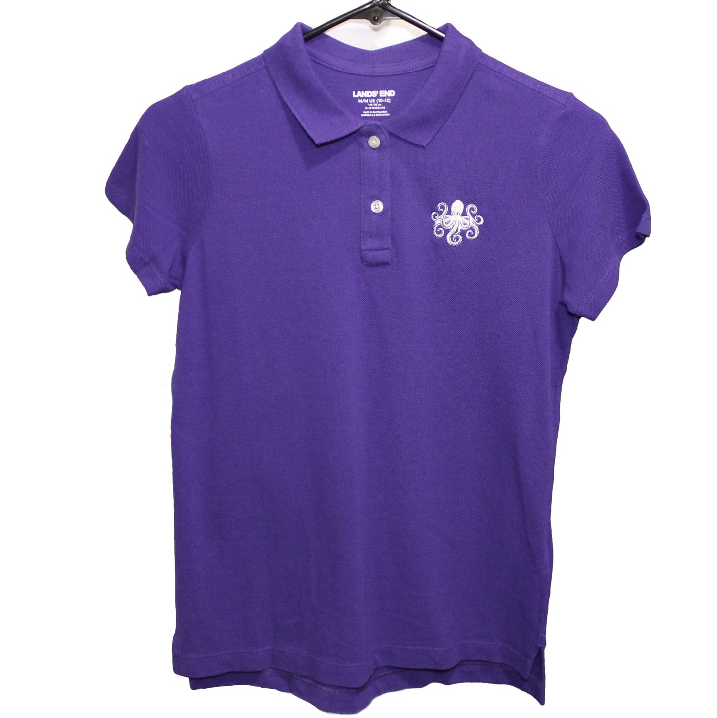 Lands' End Girl's Medium 10/12, Short Sleeve Mesh Polo Shirt, Purple w/ Octopus