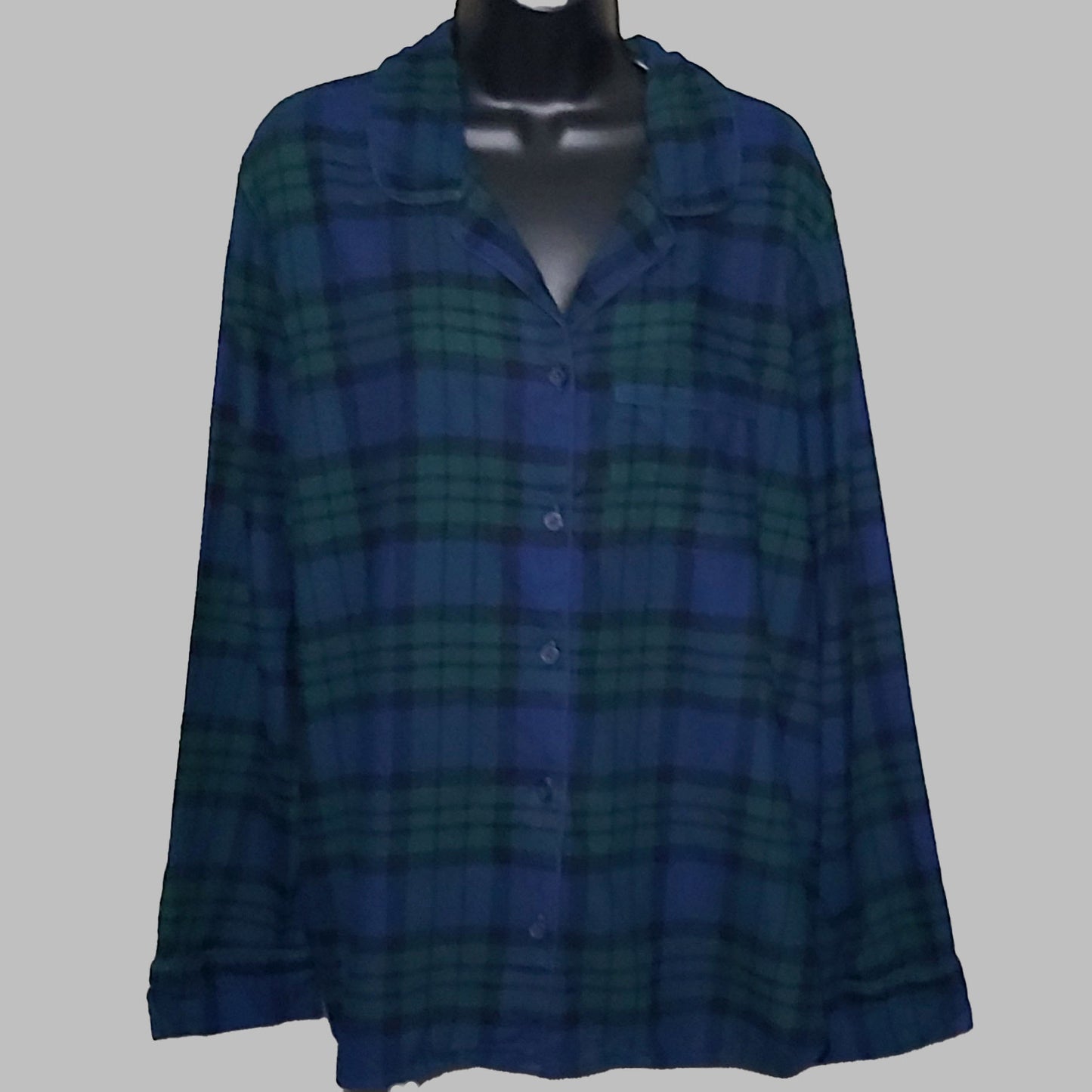 Lands' End Ladies Size Small, Long Sleeve Print Flannel Pajama Top, Evergreen Tartan