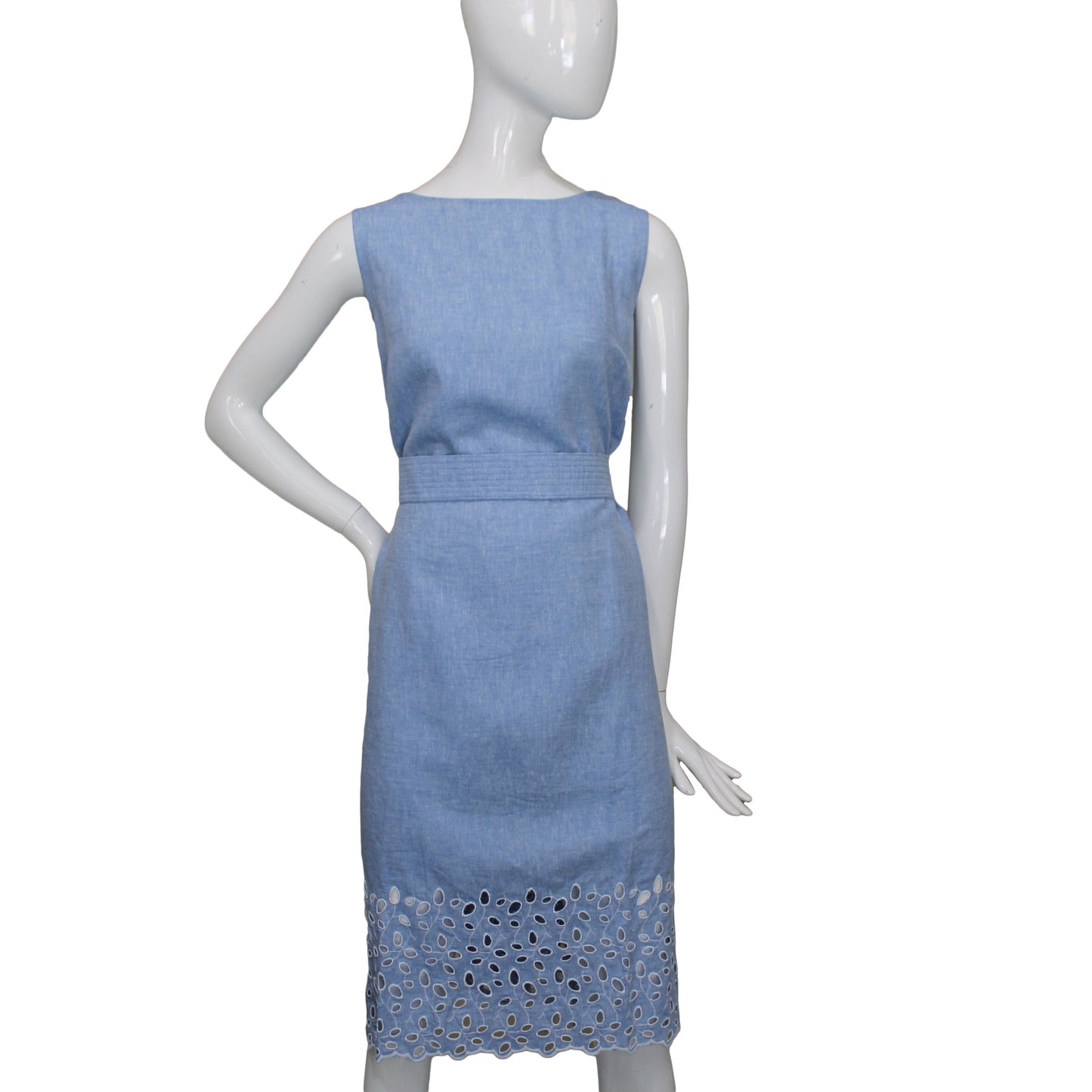 Lands End Women 16 Petite Sleeveless Woven Embroidered Dress, Blue Wave Linen