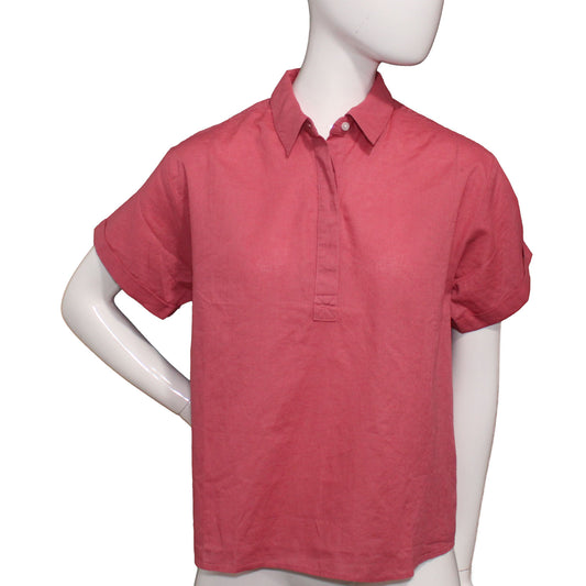 Lands' End Women's Size XS (2/4) Petite Short Sleeve Camp Shirt, Rose Bisque Red