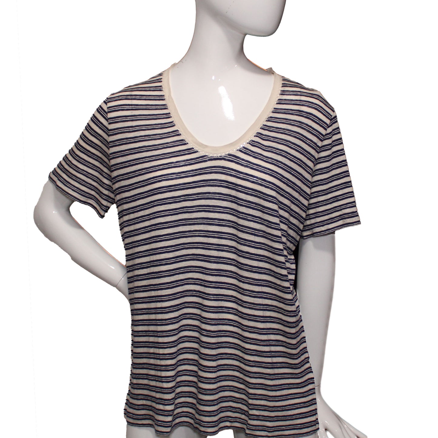 Lands' End Women XL (18) Petite, Short Sleeve Linen V-Neck T-Shirt, Blue Stripe