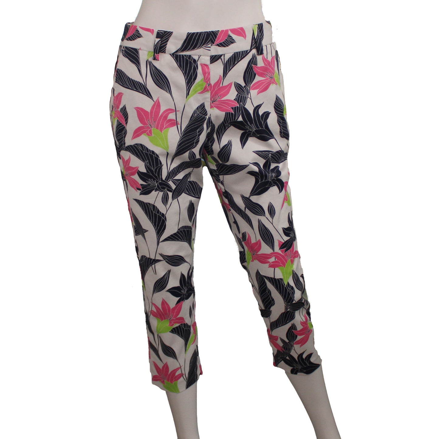 Lands' End Women Size 2 Petite, Mid-Rise Crop Chino Pants, Pink Phlox Floral