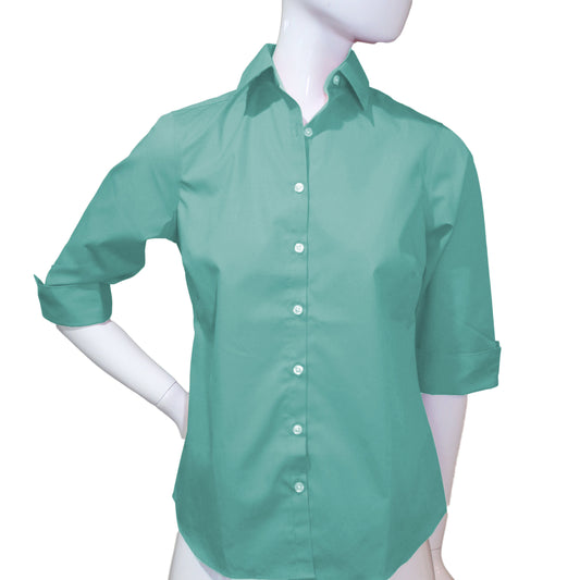 Lands End 3/4 Sleeve Women's Size 00 Petite, Broadcloth Shirt, Blue Radiance