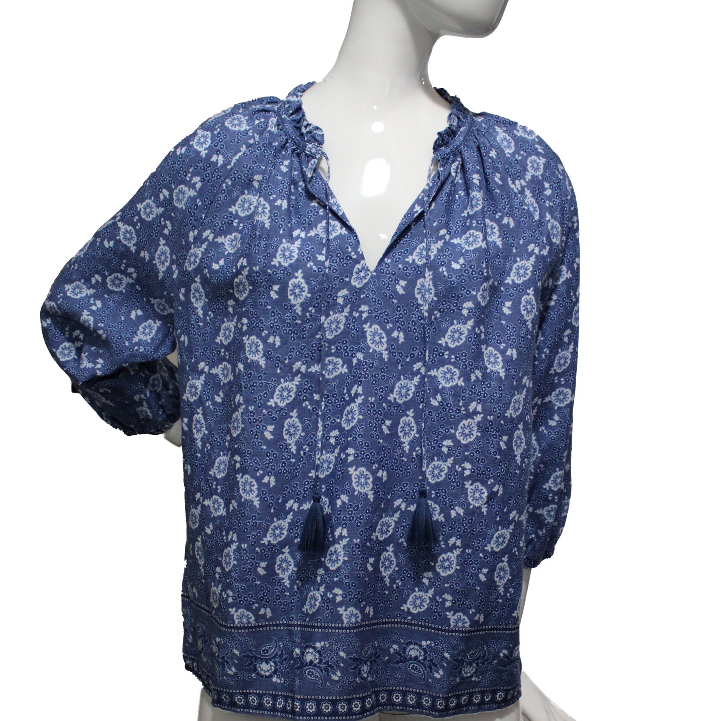 Lands End Women's Medium (10-12) Petite, Linen 3/4 Sleeve Blouse, Blue Floral