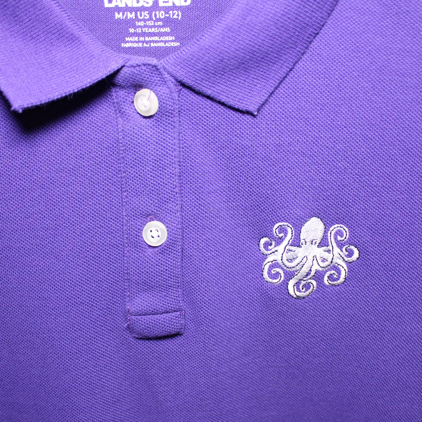 Lands' End Girl's Medium 10/12, Short Sleeve Mesh Polo Shirt, Purple w/ Octopus