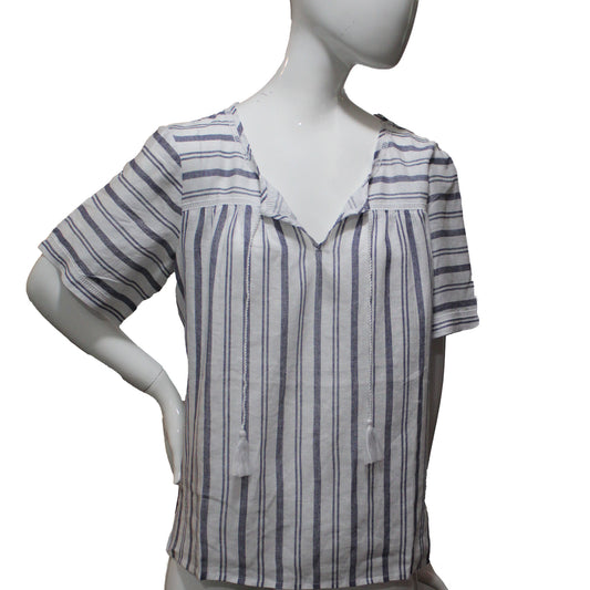 Lands End Women Size 14 Petite Short Sleeve Linen Blouse, Indigo Blue Stripes