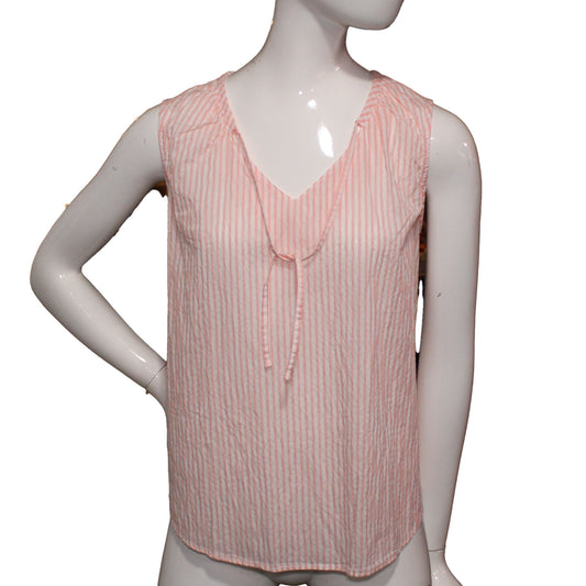 Lands' End Size 14 Petite Sleeveless Seersucker Shell Shirt, Pink Stripe